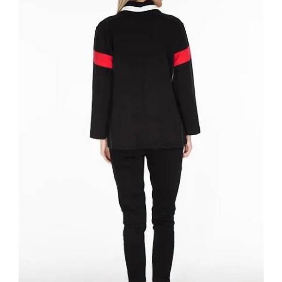 NEW MULTIPLES 3/4 sleeve zip thru collar solid twill knit & print jersey knit ja - Picture 2 of 3